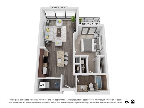 Floor plan for 1 bed, 1 bath, 691 sqft